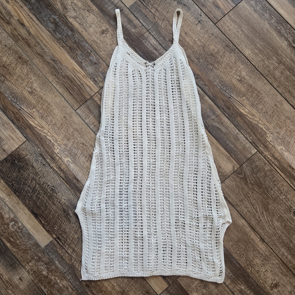 White Crochet Knit Swimsuit Cover Up Dress Boho Beach Vacation Side Slits Size L
